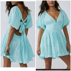 Free People Aqua Blue Boho Mini Dress L Open Back Tie Puff Sleeve Tiered